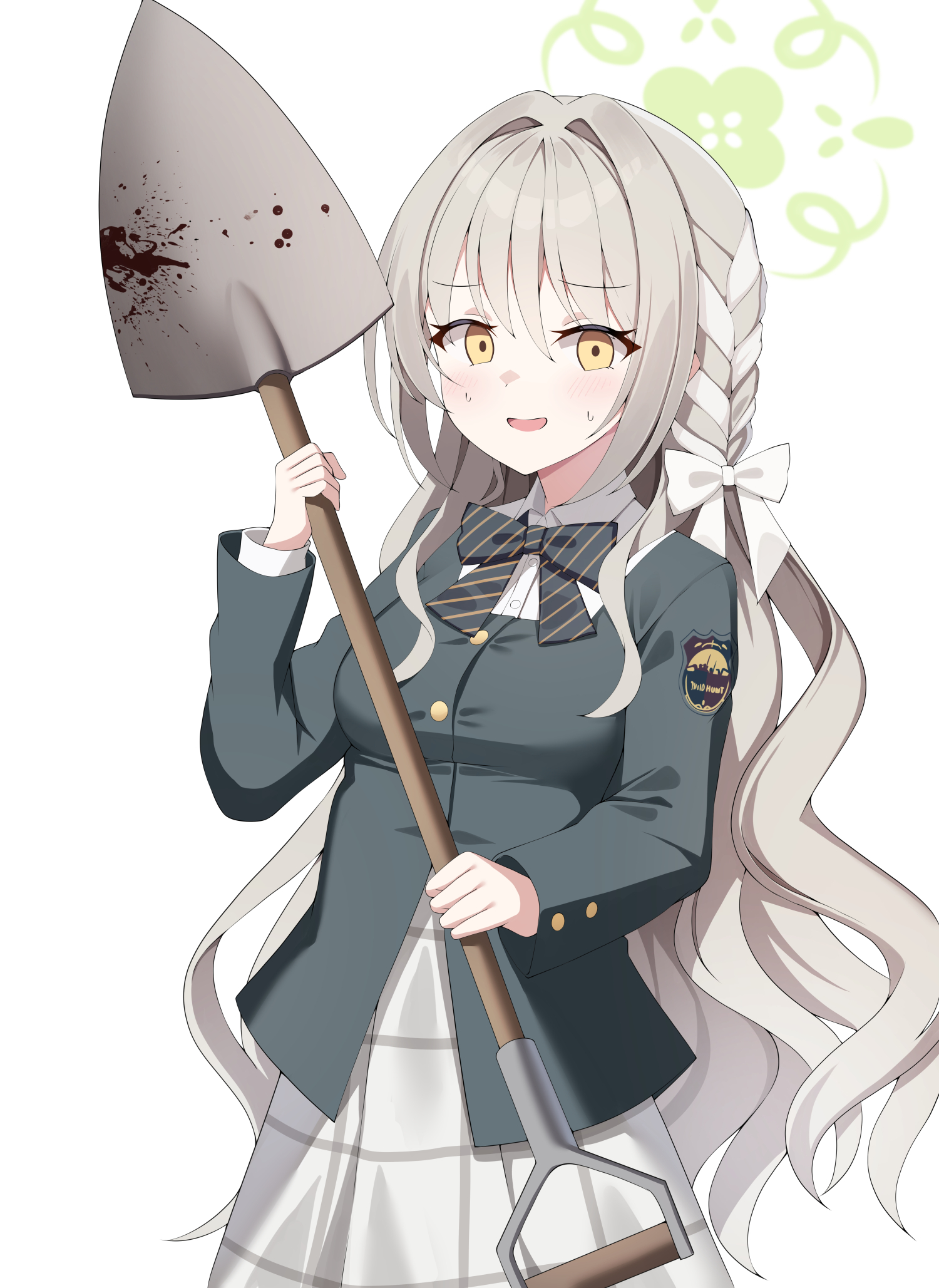 sob (submar1089), miyo (blue archive), blue archive, commentary, highres, 1girl, black bow, blazer, blush, bow, bowtie, braid, breasts, buttons, choppy bangs, collared shirt, diagonal-striped bow, diagonal-striped bowtie, diagonal-striped clothes, green halo, grey hair, grey skirt, hair between eyes, hair bow, hair intakes, hair ribbon, halo, hand up, holding, holding shovel, jacket, long hair, long sleeves, looking at viewer, medium breasts, open mouth, ribbon, ribbon braid, shirt, shovel, sidelocks, simple background, skirt, solo, standing, striped bow, striped bowtie, striped clothes, sweatdrop, very long hair, white background, white bow, white shirt, wild hunt academy of arts logo, yellow eyes