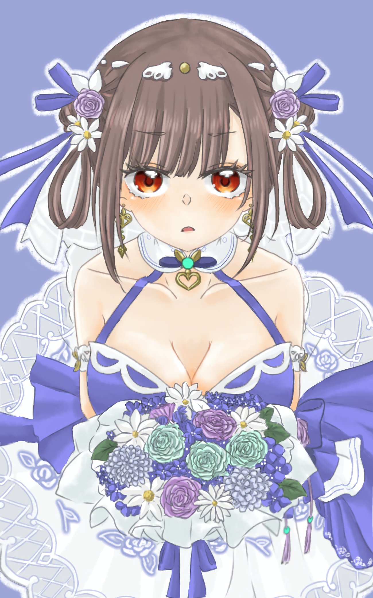koto tooko, li yingxia, heaven burns red, highres, 1girl, blue dress, breasts, bride, cleavage, collarbone, dress, holding, large breasts, official alternate costume, orange eyes, sleeveless, solo, wedding dress
