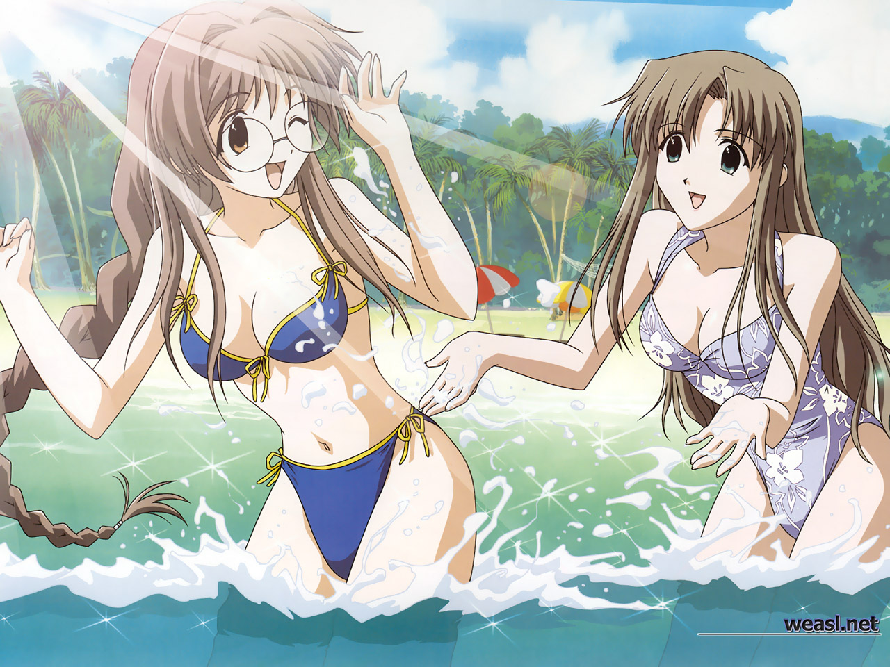 watanabe mayumi, ichimonji mutsuki, sanzein yayoi, sanzen'in yayoi, happy lesson, megami magazine, official art, official wallpaper, 00s, 2girls, :d, ;d, aqua eyes, arms up, beach, bikini, blue bikini, blue sky, braid, brown hair, casual one-piece swimsuit, clenched hand, cloud, day, eye contact, floral print, front-tie top, glasses, grey hair, hair intakes, leaning forward, lens flare, light rays, long hair, looking at another, mountain, multiple girls, navel, ocean, one-piece swimsuit, one eye closed, open mouth, orange eyes, outdoors, outstretched arms, outstretched hand, palm tree, parted bangs, print swimsuit, profile, side-tie bikini bottom, sidelocks, single braid, sky, smile, sparkle, splashing, standing, sun, sunbeam, sunlight, swimsuit, tree, umbrella, very long hair, wading, water, watermark, wince, wink
