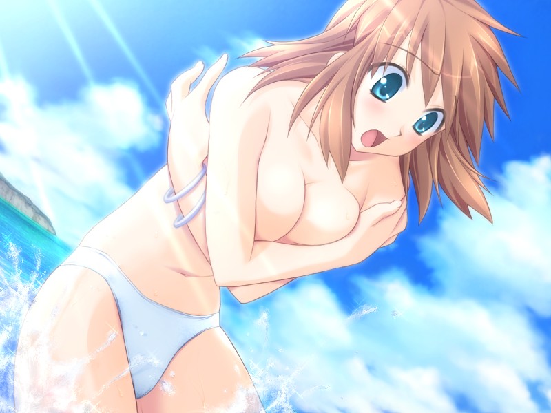 yuuki mitsuru, yukizakura himeno, komorebi no namikimichi, breast hold, game cg, 1girl, beach, bikini, blue eyes, blush, breasts, breasts squeezed together, brown hair, cleavage, cloud, day, female focus, green eyes, medium breasts, ocean, outdoors, sky, solo, sun, swimsuit, topless female, wardrobe malfunction, water
