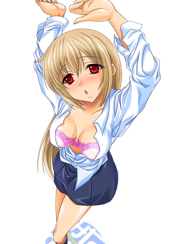 maho (yakimorokoshi), mashuu (masyu), minami haruka, minami-ke, 00s, 1girl, blush, bra, breasts, cleavage, female focus, foreshortening, from above, lingerie, open clothes, open shirt, shirt, solo, underwear