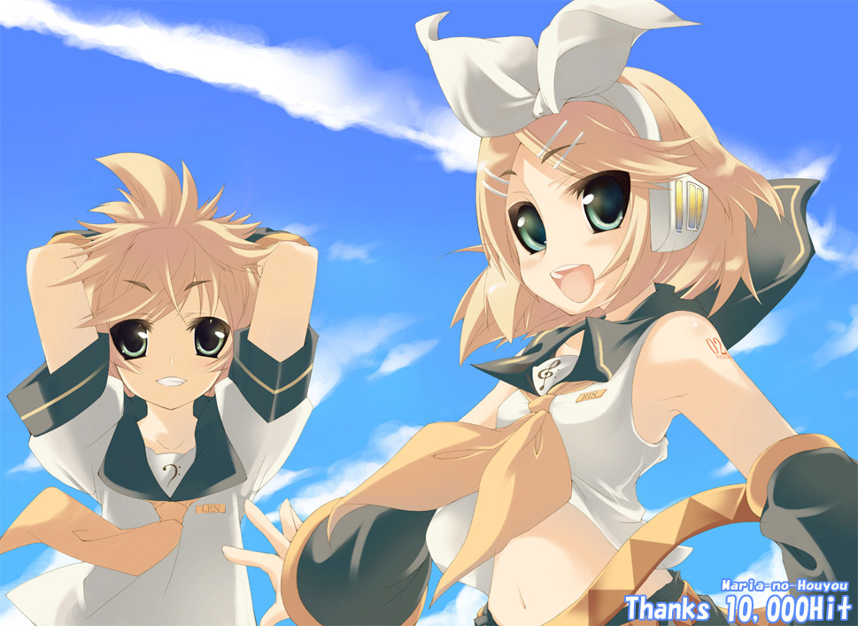 amanooni touri, kagamine len, kagamine rin, vocaloid, 1boy, 1girl, armpits, brother and sister, cloud, day, milestone celebration, outdoors, pagehit, siblings, sky, twins