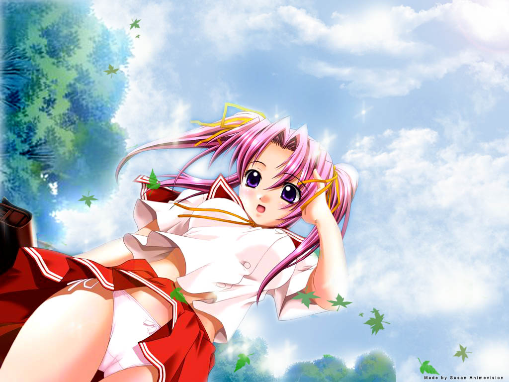 black package, ikenai shutter chance!, 1girl, cameltoe, cloud, day, female focus, forest, nature, outdoors, panties, pink panties, purple hair, red hair, school uniform, serafuku, sky, solo, tree, underwear, wind, wind lift