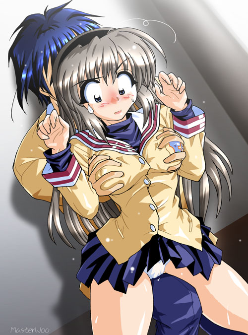 master woo, okazaki tomoya, sakagami tomoyo, clannad, silver hair, 00s, 1boy, 1girl, blue hair, blush, breasts, covered erect nipples, crotch rub, from behind, grabbing another's breast, groping, hairband, hetero, panties, school uniform, serafuku, sweat, sweatdrop, underwear