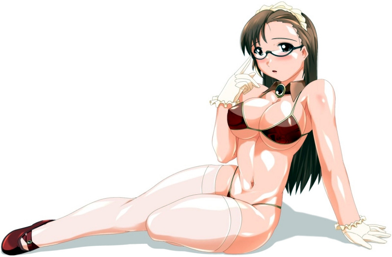 bikini, blush, glasses, gloves, long hair, maid, solo, swimsuit, thighhighs