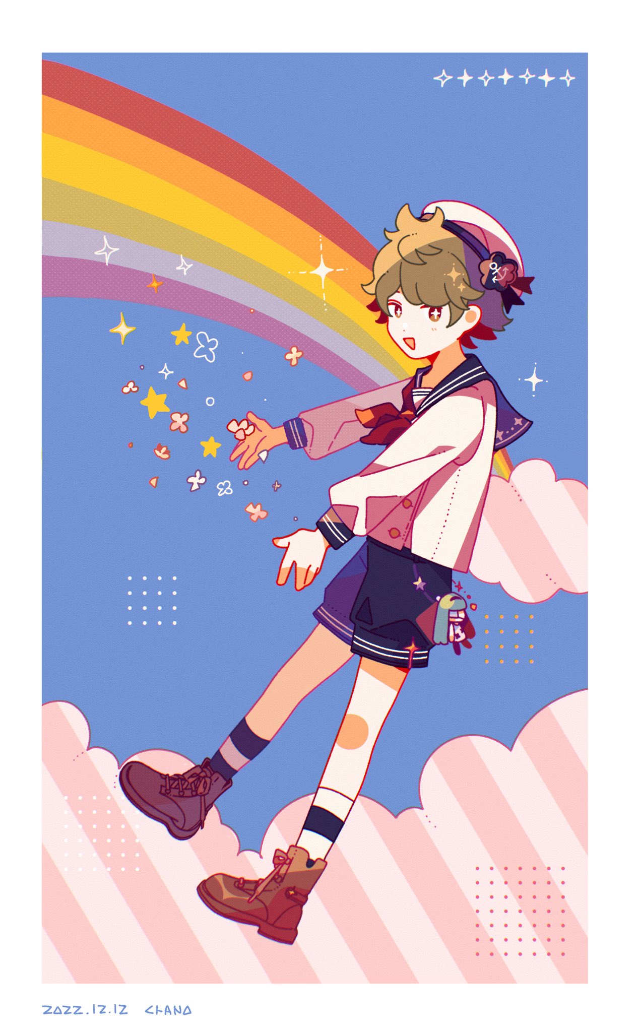 gamon yuuta, zonko (occultic;nine), occultic;nine, science adventure, fluffy hair, highres, + +, 1boy, :d, blue sailor collar, blue shorts, blush, boots, brown boots, brown eyes, brown hair, cloud, enomotochano, full body, hat, light blush, looking at viewer, male focus, neckerchief, open mouth, rainbow, red neckerchief, sailor, sailor collar, sailor hat, school uniform, serafuku, shoes, short hair, short shorts, shorts, sky, smile, socks, solo, striped clothes, striped socks, white socks
