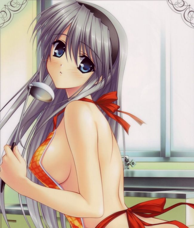 sakagami tomoyo, clannad, 00s, apron, blue eyes, blush, long hair, naked apron, solo