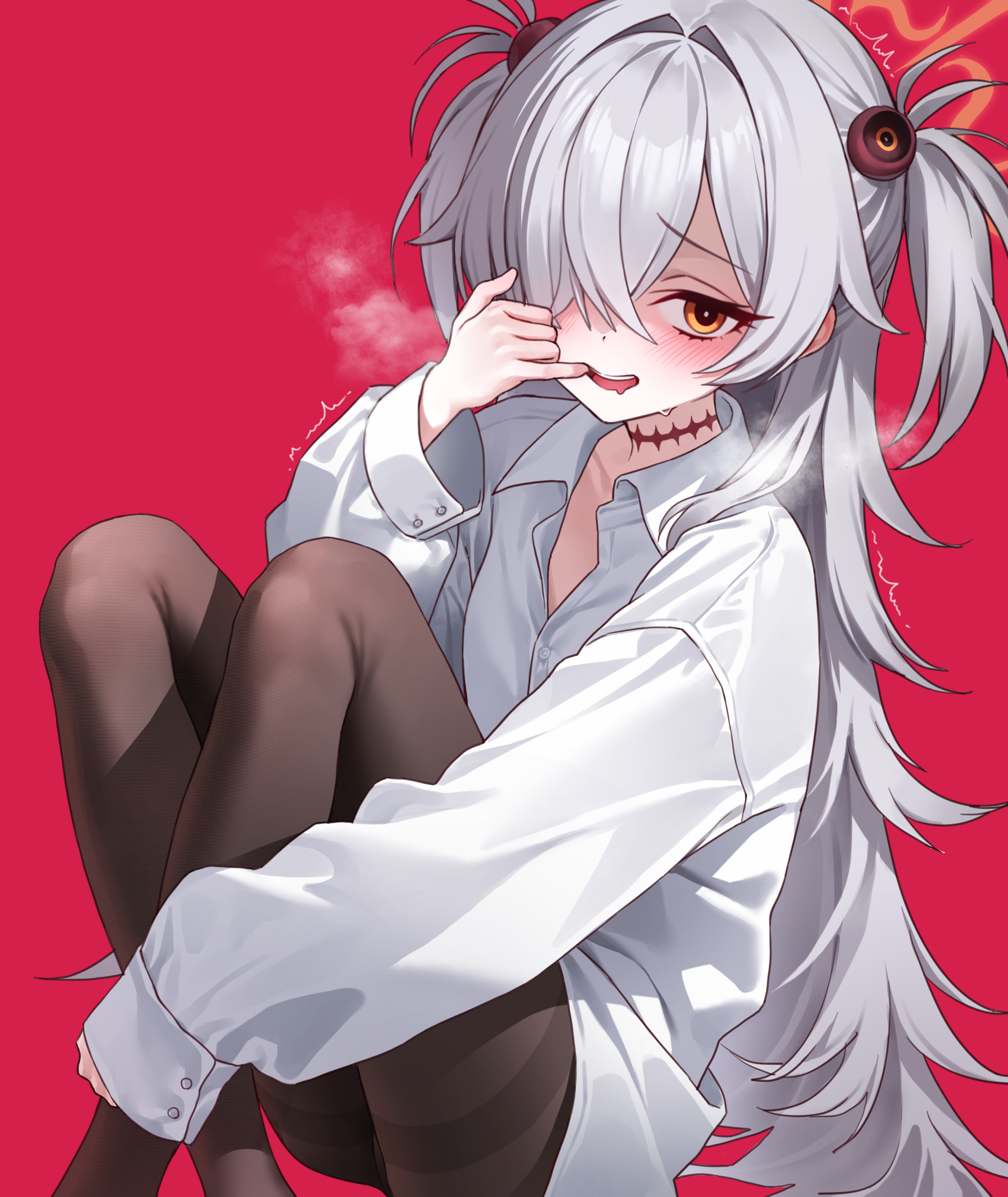 chano39, kanoe (blue archive), blue archive, commentary, english commentary, highres, 1girl, black pantyhose, blush, breasts, brown halo, buttons, collarbone, collared shirt, crossed legs, feet out of frame, finger in own mouth, hair ornament, hair over one eye, halo, hand on own leg, hand up, heavy breathing, knees up, legs, long hair, long sleeves, looking at viewer, open mouth, pantyhose, red background, scar, scar on neck, shirt, single sleeve past wrist, sitting, small breasts, smile, solo, sweat, sweatdrop, teeth, thighband pantyhose, thighs, trembling, two side up, upper teeth only, very long hair, white hair, white shirt, yellow eyes