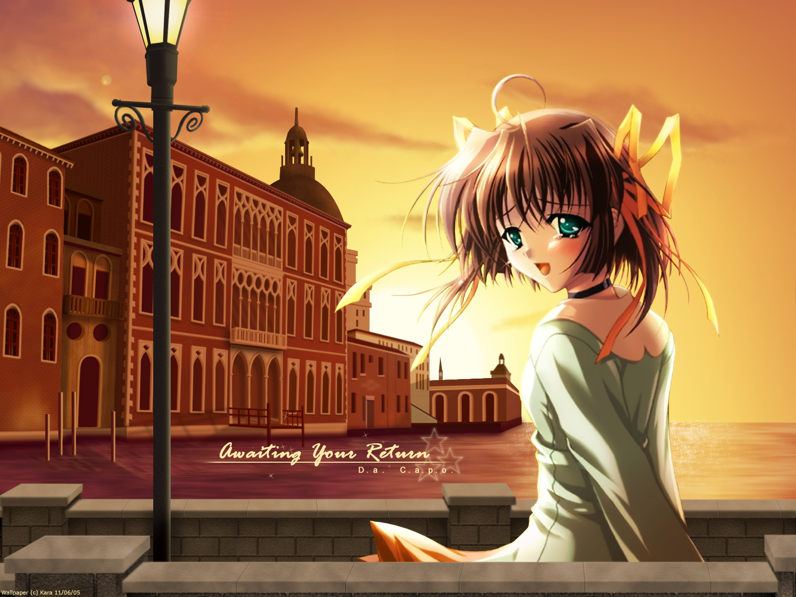 asakura nemu, da capo, da capo i, highres, 00s, 1girl, backlighting, blush, cloud, copyright name, copyright notice, dated, english text, female focus, green eyes, outdoors, sky, solo, sunset, water