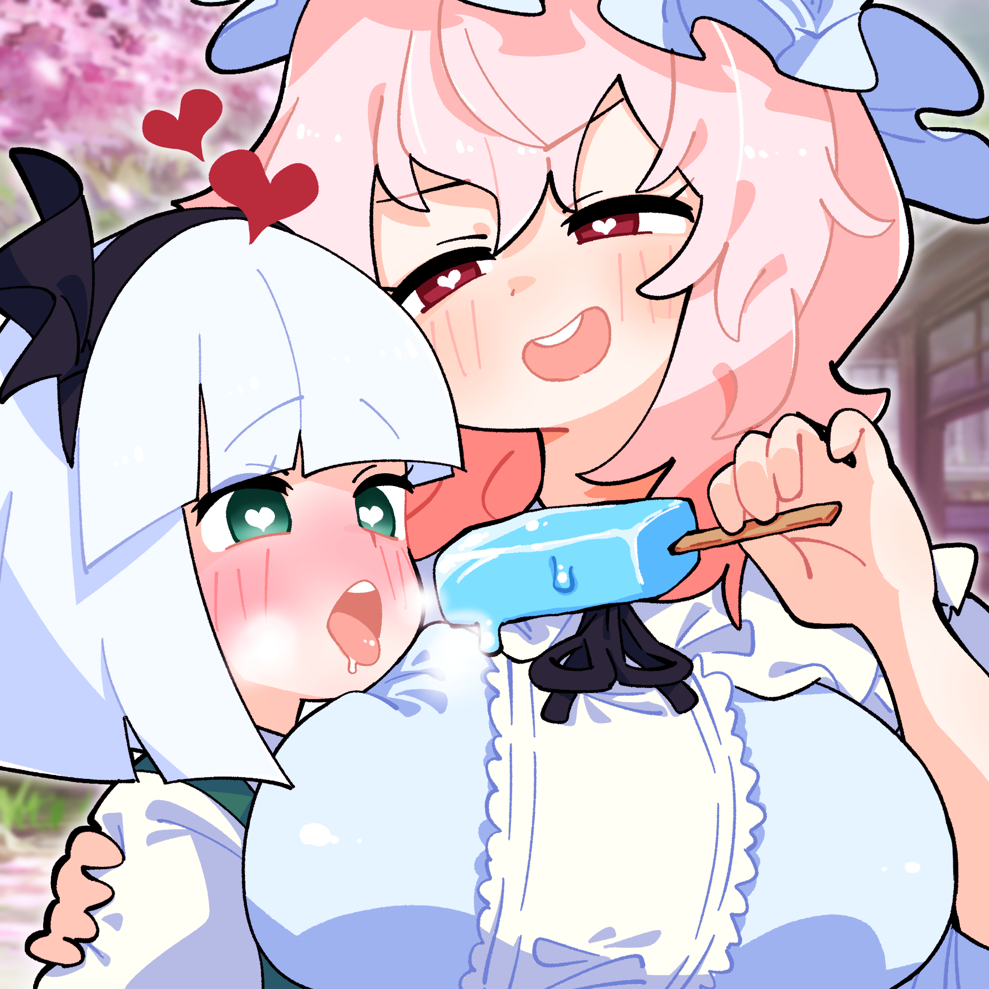 gram 9, konpaku youmu, saigyouji yuyuko, touhou, commentary, highres, 2girls, black hairband, black ribbon, blush, bright pupils, center frills, cherry blossoms, dress, drooling, eyes visible through hair, food, frills, from side, green eyes, green vest, grey dress, hairband, half-closed eyes, hand on another's shoulder, hand up, hat, heart, heart-shaped pupils, holding, holding food, holding popsicle, looking at another, medium hair, melting popsicle, mob cap, multiple girls, neck ribbon, open mouth, outdoors, pink hair, popsicle, red eyes, ribbon, sexually suggestive, sidelocks, steam, symbol-shaped pupils, teeth, tongue, tongue out, upper teeth only, vest, white hair, white hat, white pupils