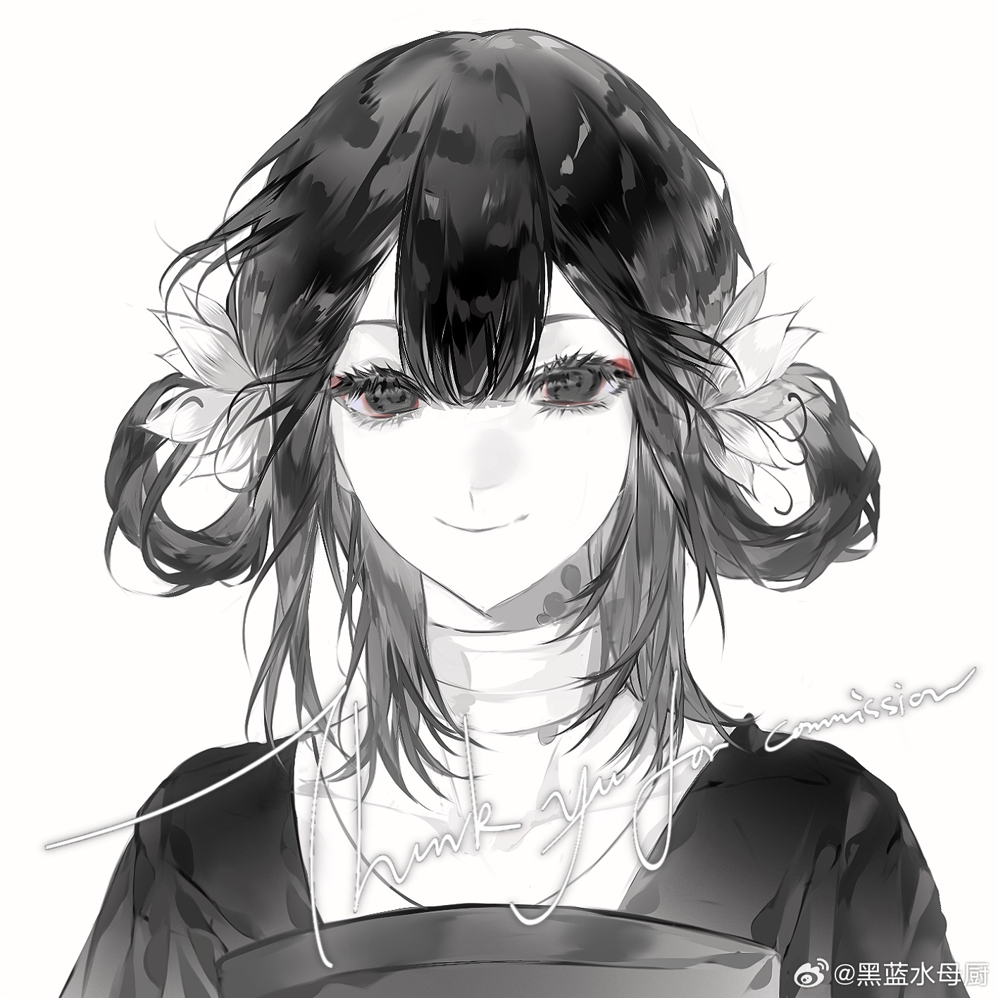 original, highres, 1girl, black dress, black eyes, black hair, chinese clothes, closed mouth, dress, english text, eyeshadow, flower, greyscale, hair between eyes, hair flower, hair ornament, hair rings, heilanshuimuchu, jewelry, long hair, looking at viewer, makeup, medium hair, monochrome, portrait, red eyeshadow, simple background, smile, spot color, upper body, white background