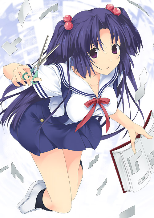 mizuki makoto, ichinose kotomi, clannad, 00s, 1girl, book, female focus, hair bobbles, hair ornament, school uniform, scissors, serafuku, solo, two side up