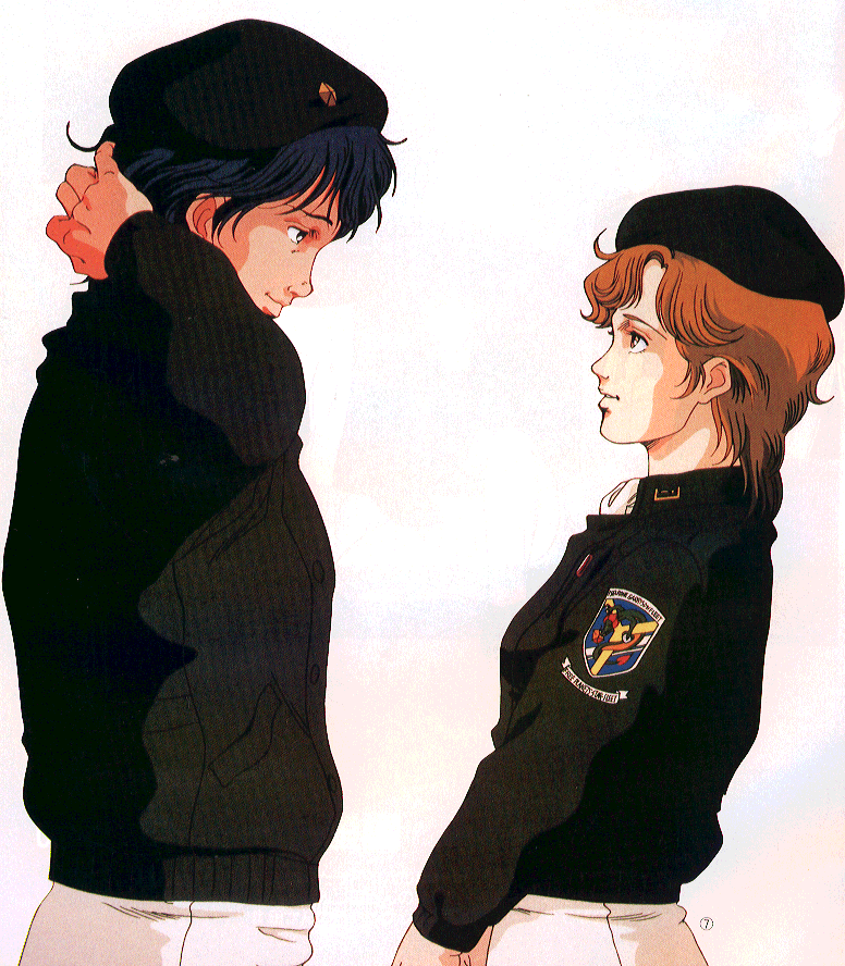 okuda matsuri, frederica greenhill, yang wen-li, ginga eiyuu densetsu, uniform, scan, 1boy, 1girl, beret, black hat, emblem, from side, hat, jacket, sweater, white background