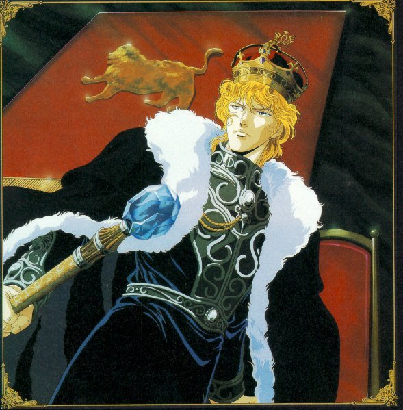 reinhard von lohengramm, ginga eiyuu densetsu, 1girl, banner, blonde hair, border, cape, chair, crown, female focus, gem, hat, lion, manly, military, military uniform, scepter, solo, throne