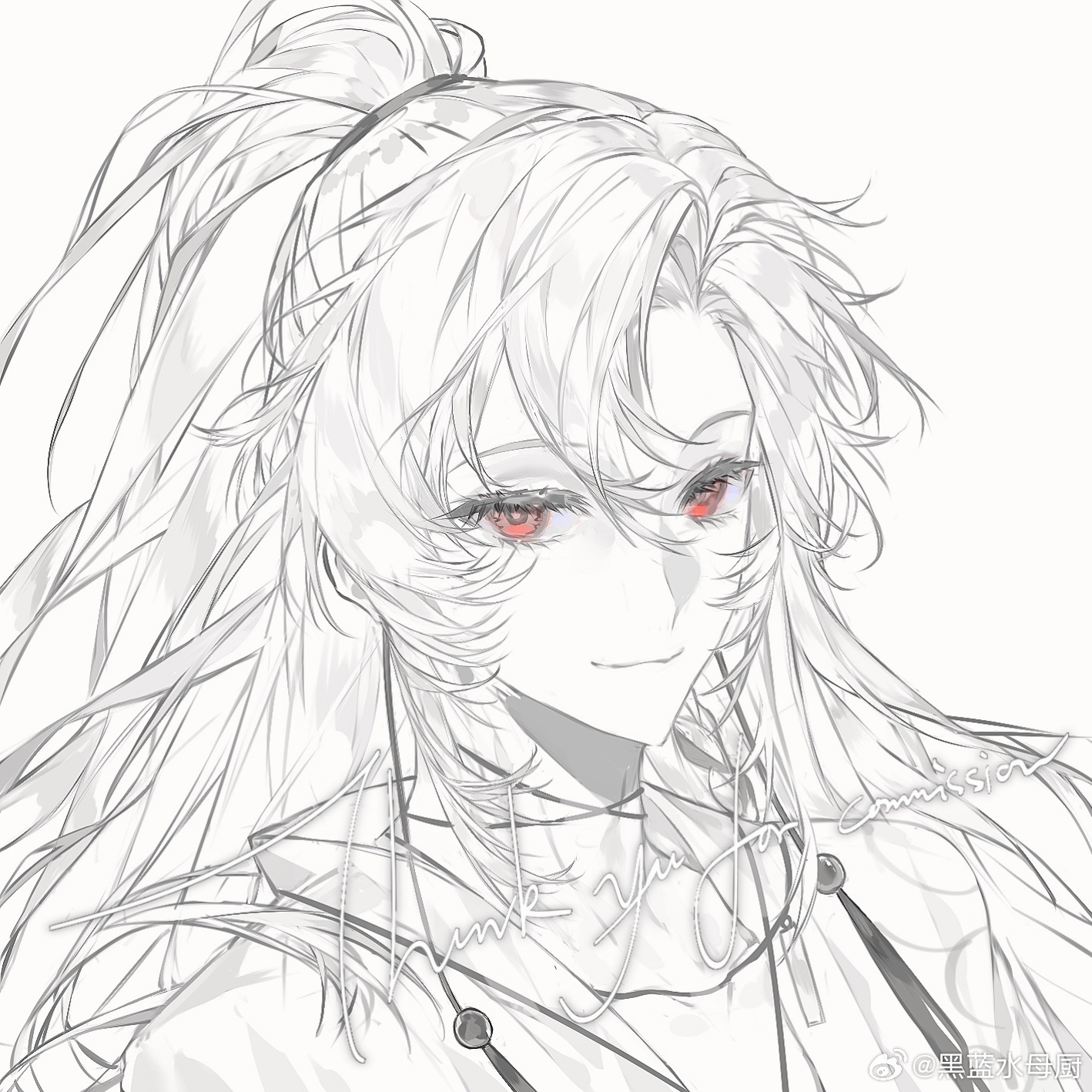 original, highres, 1boy, bishounen, chinese clothes, english text, hair between eyes, hair ribbon, heilanshuimuchu, high ponytail, long hair, looking at viewer, male focus, monochrome, parted bangs, ponytail, portrait, red eyes, ribbon, simple background, spot color, tassel, upper body, white background, white hair