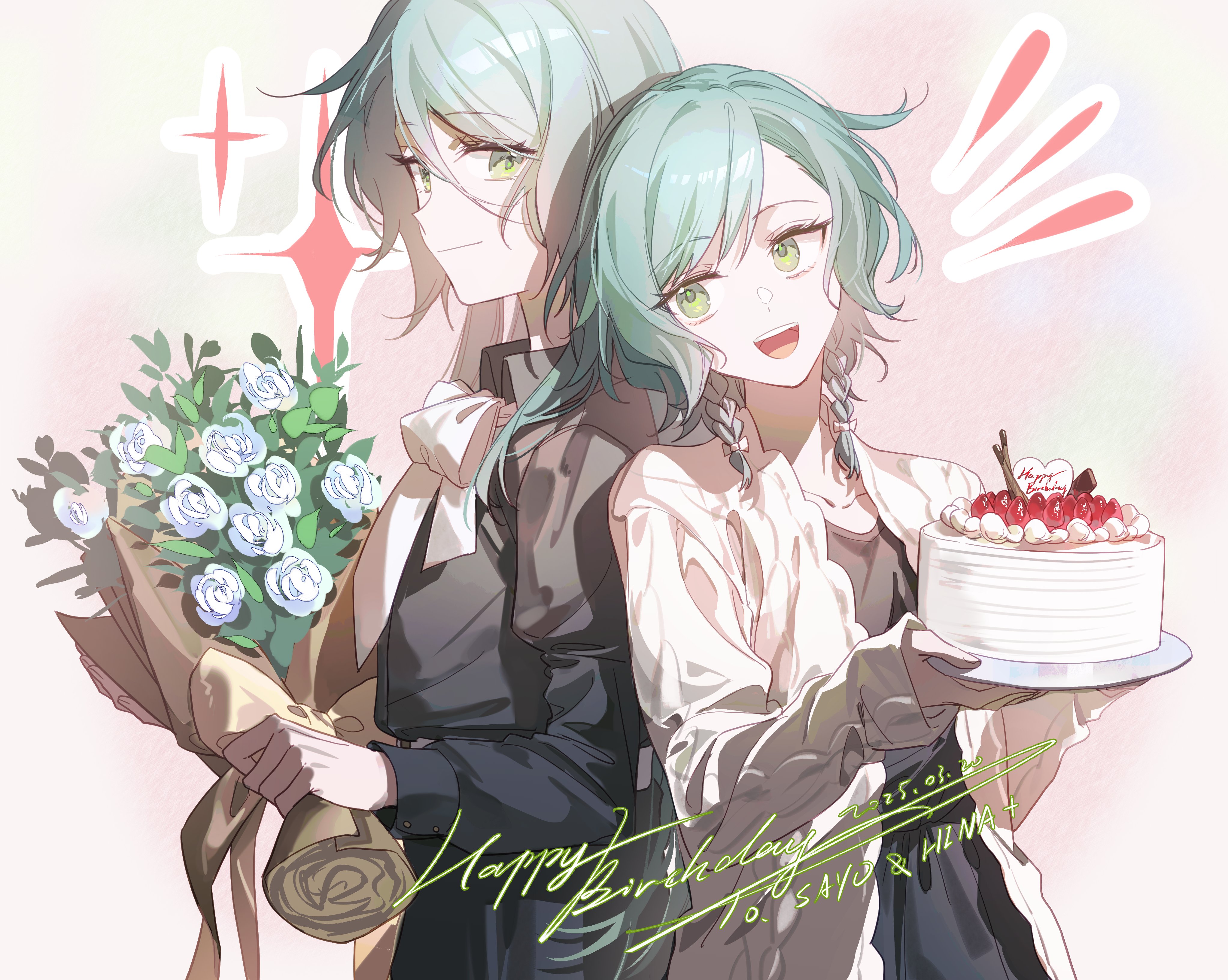 walluka, hikawa hina, hikawa sayo, bang dream!, absurdres, highres, 2girls, aqua hair, braid, cake, food, green eyes, happy birthday, long hair, multiple girls, open mouth, short hair, siblings, sisters, twins