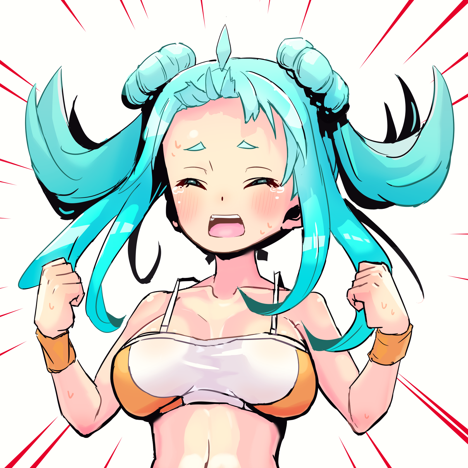 smaragdus viridi, kosanae sasaho, original, highres, breasts, green hair, large breasts, long sideburns, oppai loli, raised inner eyebrows, short bangs, sideburns, tsurime, yellow eyes