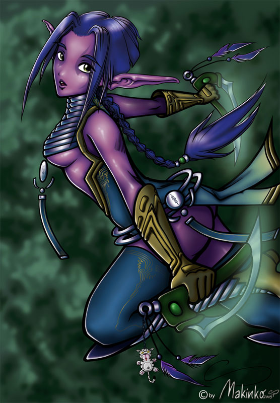 night elf (warcraft), warcraft, world of warcraft, armor, blue hair, braid, breasts, elf, knife, pointy ears, underboob