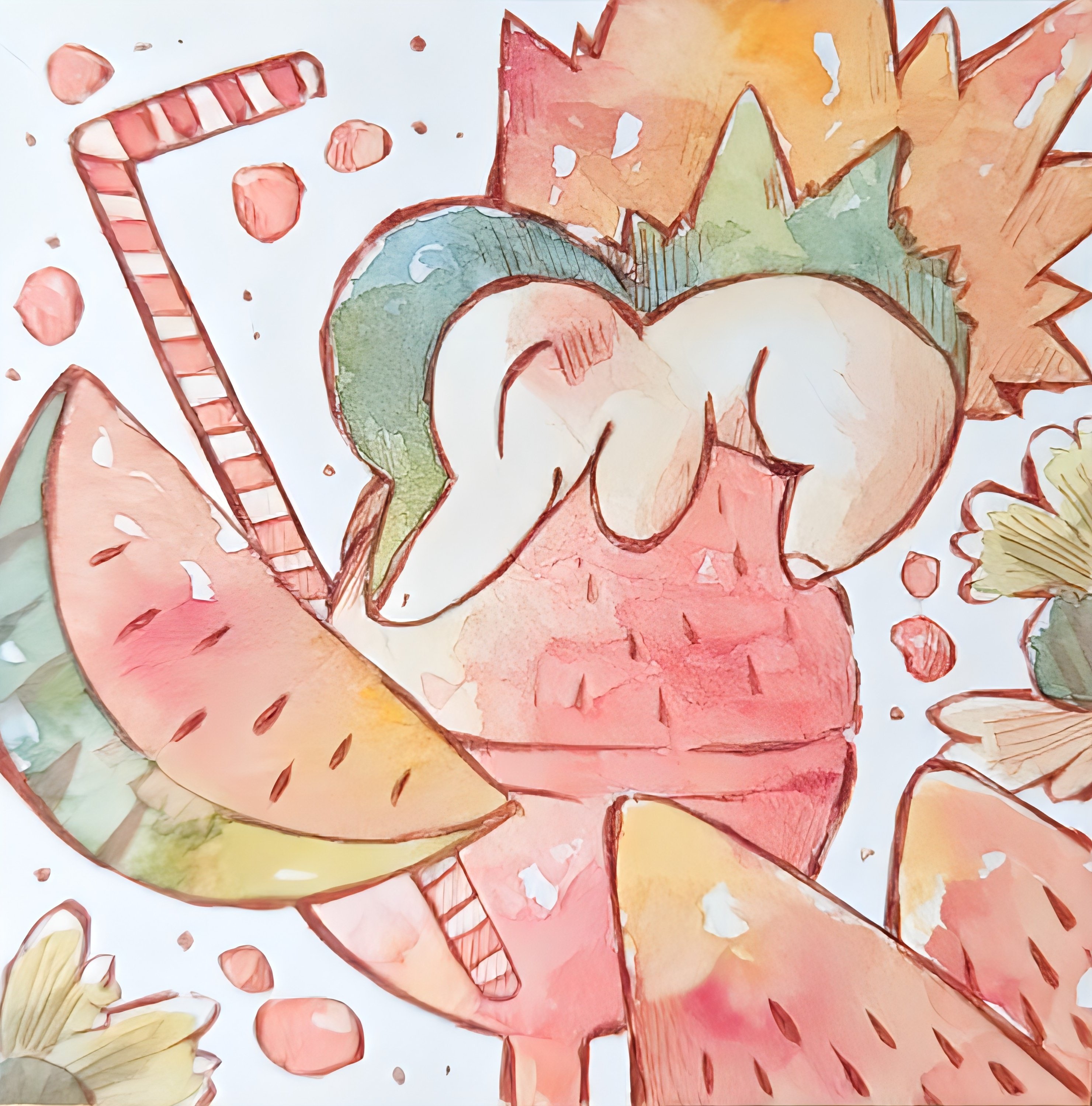 rai (rai kw), cyndaquil, nintendo, pokemon, absurdres, highres, blush, closed eyes, closed mouth, cup, drinking straw, fire, food, fruit, gen 2 pokemon, no humans, pokemon (creature), pokemon focus, shaved ice, smile, watermelon, watermelon slice