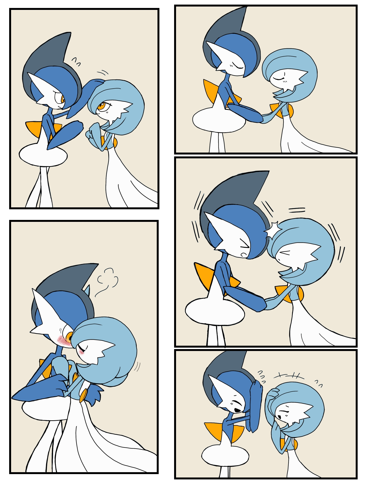 monya, gallade, gardevoir, nintendo, pokemon, > <, +++, 1boy, 1girl, alternate color, arm up, blue hair, blue skin, blush, bob cut, closed eyes, colored skin, comic, eye contact, failure, flat chest, flat color, flying sweatdrops, from side, gen 3 pokemon, gen 4 pokemon, grey hair, hand on another's head, hand on own head, hand up, hands on another's chest, hands up, headpat, hetero, holding hands, kiss, light blush, looking at another, mohawk, multicolored hair, multicolored skin, multiple views, open mouth, orange eyes, pokemon (creature), profile, shiny pokemon, short hair, smile, standing, surprised, two-tone hair, two-tone skin, u u, white skin, wide-eyed