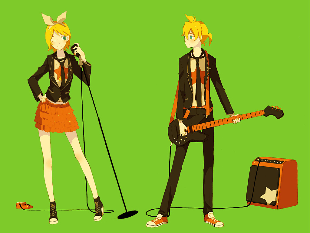 kuko, kagamine len, kagamine rin, be mine! (vocaloid), vocaloid, 1boy, 1girl, amplifier, bass guitar, brother and sister, fashion, guitar, instrument, microphone, microphone stand, ribbon, siblings, twins