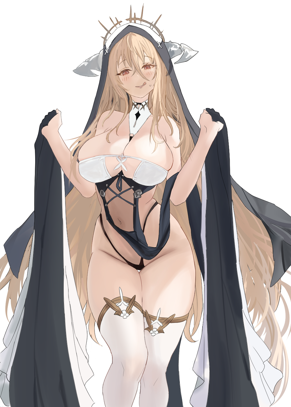 xunue3, implacable (azur lane), azur lane, commentary request, highres, 1girl, :q, bare shoulders, black panties, black veil, blonde hair, breast cutout, breasts, cleavage, clothes lift, clothing aside, covered navel, fake horns, feet out of frame, flashing, hair between eyes, highleg, highleg panties, horns, large breasts, long hair, long hair between eyes, looking at viewer, nun, panties, pelvic curtain, pelvic curtain aside, pelvic curtain lift, red eyes, revealing clothes, simple background, solo, thighhighs, tongue, tongue out, underwear, veil, very long hair, white background, white horns, white thighhighs