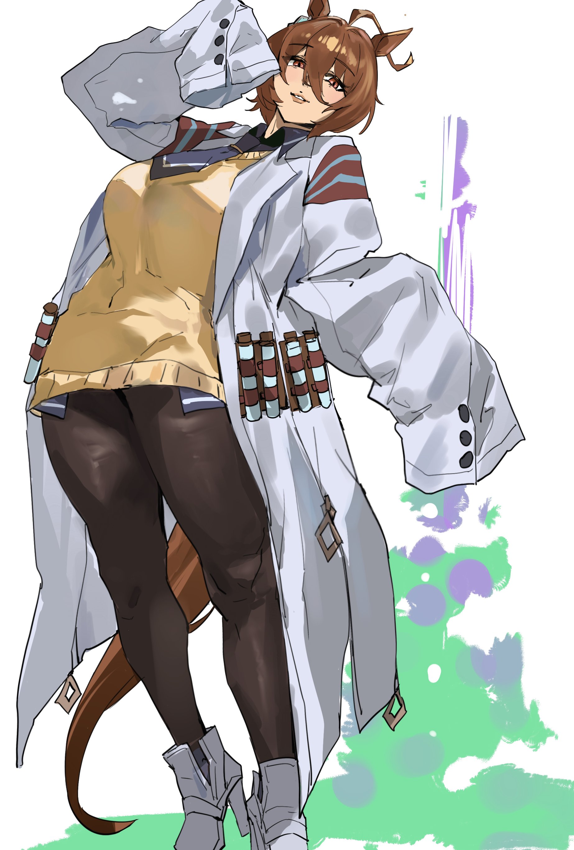 taiyang yu, agnes tachyon (umamusume), umamusume, absurdres, highres, 1girl, ahoge, animal ears, black pantyhose, breasts, brown eyes, brown hair, earrings, hair between eyes, horse ears, horse girl, horse tail, huge ahoge, jewelry, lab coat, large breasts, long sleeves, looking at viewer, necktie, pantyhose, parted lips, red eyes, shirt, shoes, short hair, short necktie, single earring, sleeves past fingers, sleeves past wrists, smile, solo, sweater, sweater vest, tail, test tube, yellow sweater, yellow sweater vest