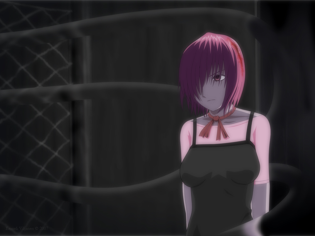 kaede (character), lucy (elfen lied), elfen lied, derivative work, vector trace, 00s, 1girl, arms at sides, blood, bow, bowtie, breasts, dark, dress, female focus, lace, large breasts, pink eyes, pink hair, shirt, short hair, solo, vectors