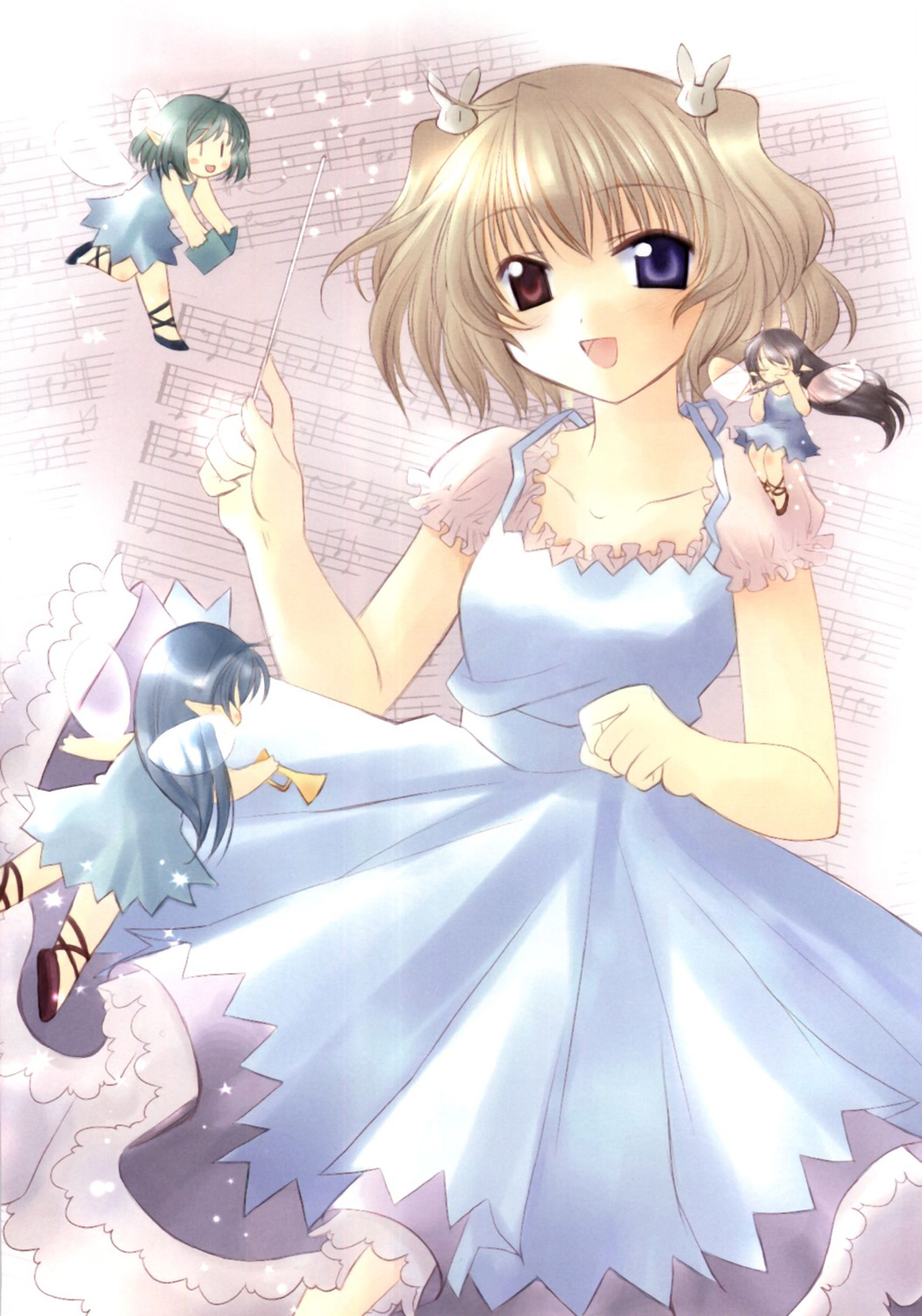 naruse chisato, lasty farson, angelic serenade, angelic serenade art collection, tenbatsu angel rabbie, artbook, highres, 1girl, band (music), beamed quavers, closed eyes, conductor baton, fairy, female focus, flute, frills, hair ornament, heterochromia, instrument, music, musical note, musical staff, quaver, quaver rest, rabbit hair ornament, ribbon, sharp sign, sheet music, solo, trumpet