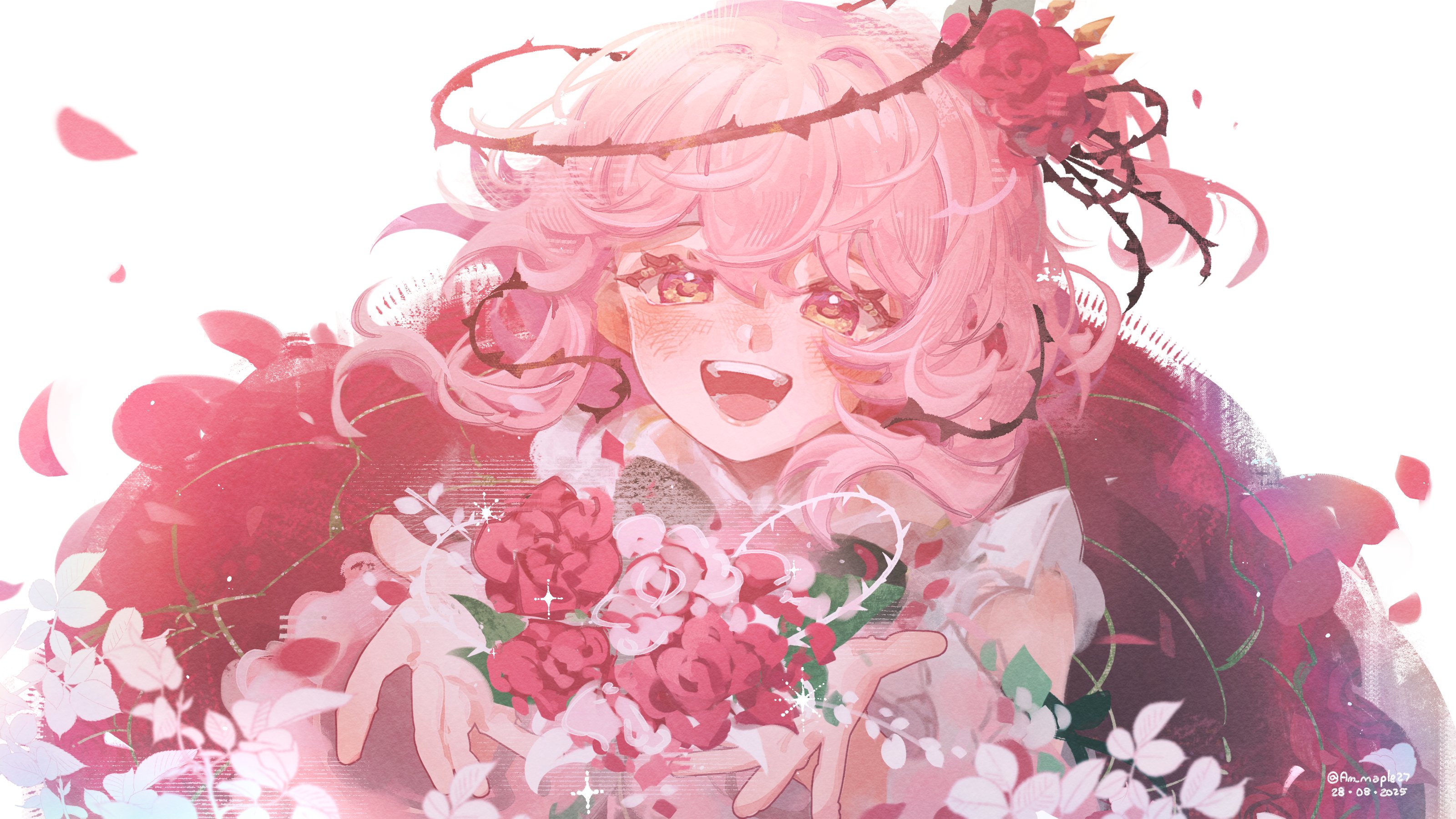 am (maple27), rosemi lovelock, rosemi lovelock (1st costume), nijisanji, nijisanji en, absurdres, commentary, english commentary, highres, 1girl, :d, artist name, blush, dated, flower, hair between eyes, hair flower, hair ornament, hair vines, holding, holding flower, looking at viewer, medium hair, open mouth, pink hair, red eyes, red flower, red rose, rose, side ponytail, simple background, smile, solo, sparkle, thorns, twitter username, virtual youtuber, white background