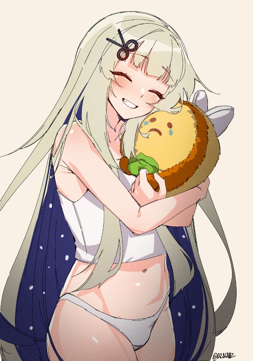 tilt-shift (azalanz), amanogawa shiina, phase connect, 1girl, blonde hair, blush, closed eyes, colored inner hair, crop top, holding, holding stuffed toy, long hair, midriff, multicolored hair, navel, panties, purple hair, sad bee (amanogawa shiina), scissors hair ornament, smile, stuffed bee, stuffed toy, twitter username, underwear, white panties