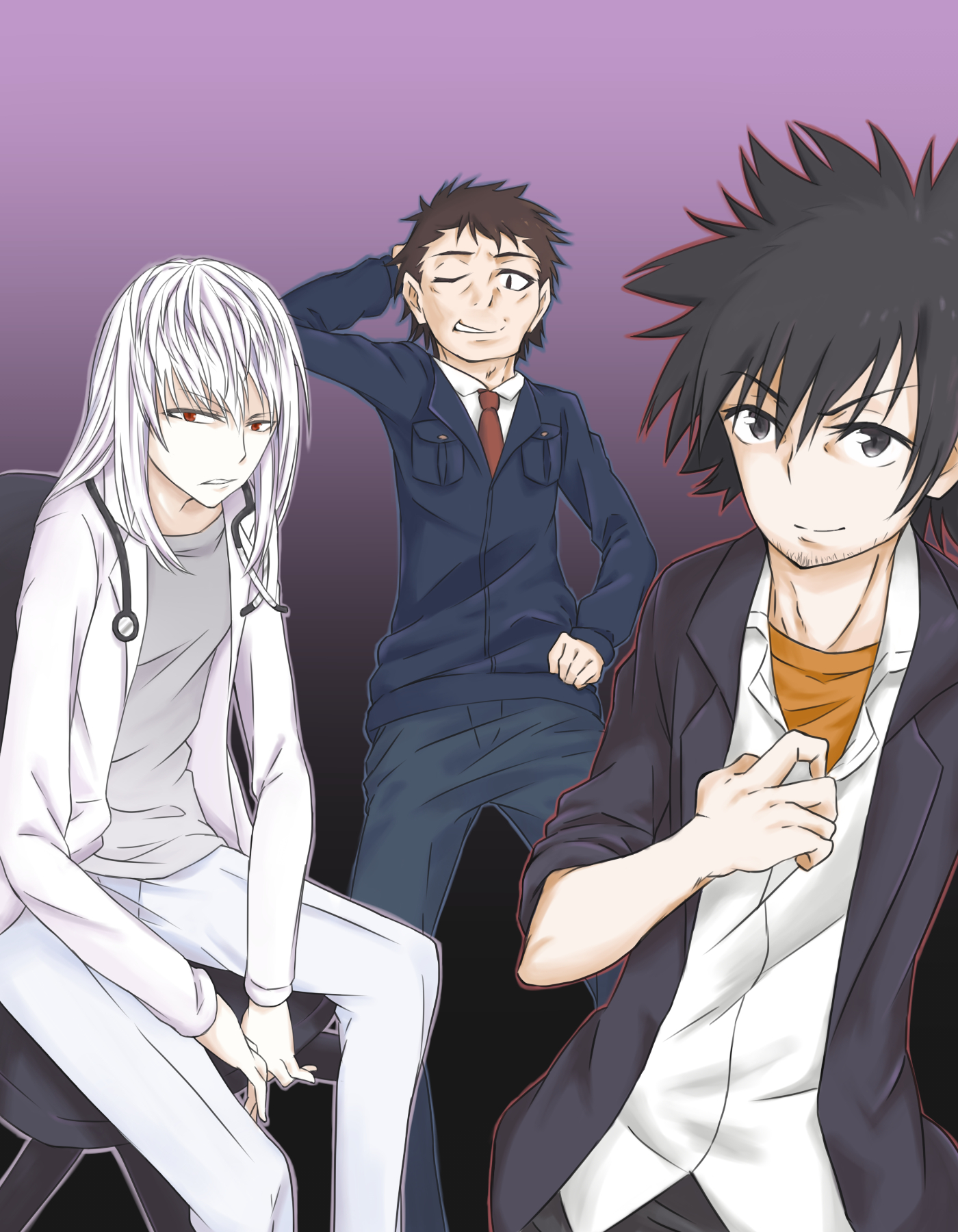 yakutashi, accelerator (toaru majutsu no index), kamijou touma, kamisato kakeru, toaru majutsu no index, toaru majutsu no index: new testament, commentary request, highres, partial commentary, 3boys, aged up, albino, arm behind head, black hair, black jacket, black pants, breast pocket, brown hair, chair, clenched teeth, closed mouth, coat, collared shirt, doctor, facial hair, feet out of frame, gradient background, grey eyes, grey pants, grey shirt, hair between eyes, hand on own hip, hands up, jacket, lab coat, long sleeves, looking at viewer, mature male, medium hair, multiple boys, necktie, on chair, open clothes, open coat, open jacket, orange shirt, pale skin, pants, parted lips, pocket, red eyes, red necktie, shirt, short hair, sidelocks, sitting, smile, spiked hair, standing, sternocleidomastoid muscle, teeth, tied sleeves, upper body, white hair, white pants, white shirt