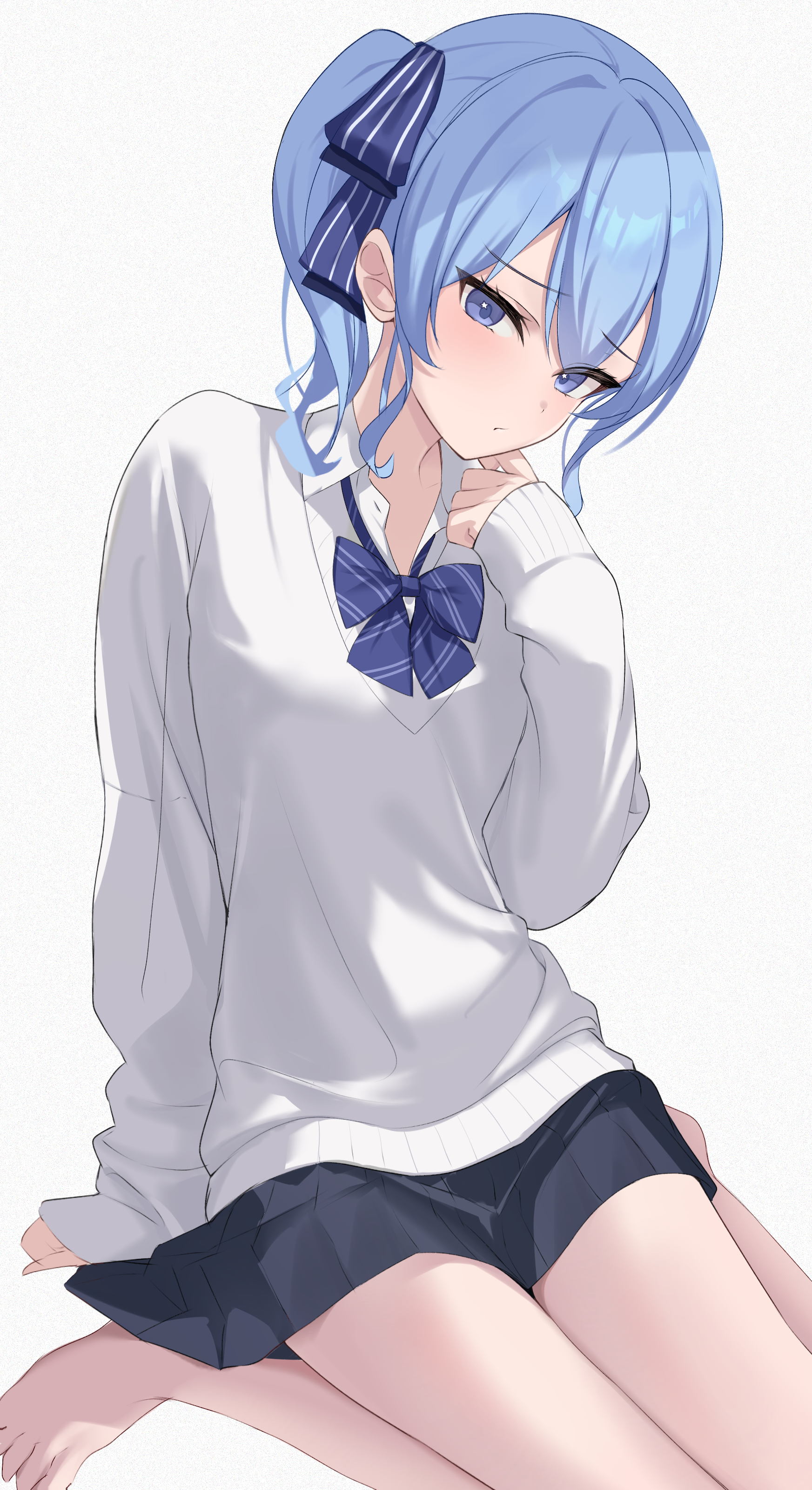 fawny, hoshimachi suisei, hololive, absurdres, highres, 1girl, barefoot, black skirt, blue eyes, blue hair, blue ribbon, closed mouth, collared shirt, double-parted bangs, hair between eyes, hair ribbon, hand up, long sleeves, looking at viewer, miniskirt, pleated skirt, ribbon, school uniform, shirt, side ponytail, sidelocks, simple background, sitting, skirt, sleeves past wrists, solo, star (symbol), star in eye, sweater, symbol in eye, v-neck, virtual youtuber, white background, white shirt, white sweater