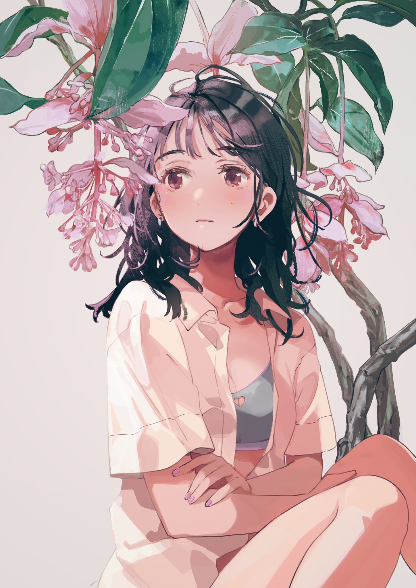 fly (marguerite), original, highres, 1girl, black hair, blush, bra, breasts, brown eyes, cleavage, closed mouth, collarbone, earrings, flower, jewelry, long hair, medium breasts, mole, mole on cheek, open clothes, plant, shirt, short sleeves, simple background, solo, underwear, white shirt
