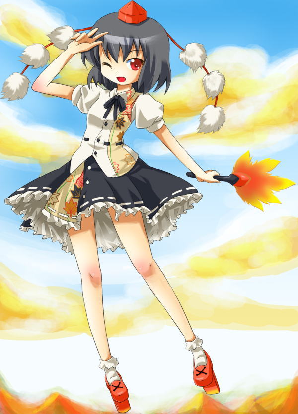michii yuuki, shameimaru aya, touhou, 1girl, female focus, geta, hand fan, hat, holding, holding fan, looking at viewer, open mouth, red eyes, solo, tengu-geta