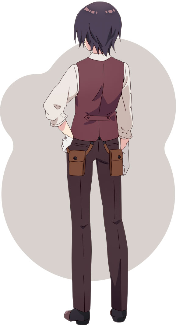 na-ga, tohma nagi, prima doll (anime), official art, 1boy, anime coloring, belt pouch, black hair, black shoes, brown pants, dress shoes, from behind, full body, gloves, grey background, hand on own hip, long sleeves, pants, pouch, purple vest, shirt, shoes, short hair, solo, standing, two-tone background, vest, white background, white gloves, white shirt