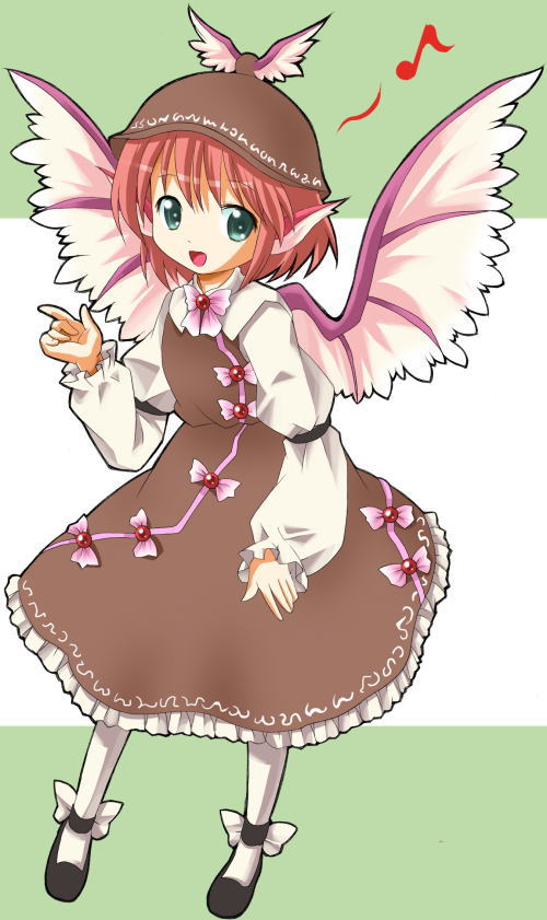 michii yuuki, mystia lorelei, touhou, white legwear, jpeg artifacts, 1girl, animal ears, dress, female focus, green eyes, hat, musical note, pink hair, short hair, solo, wings
