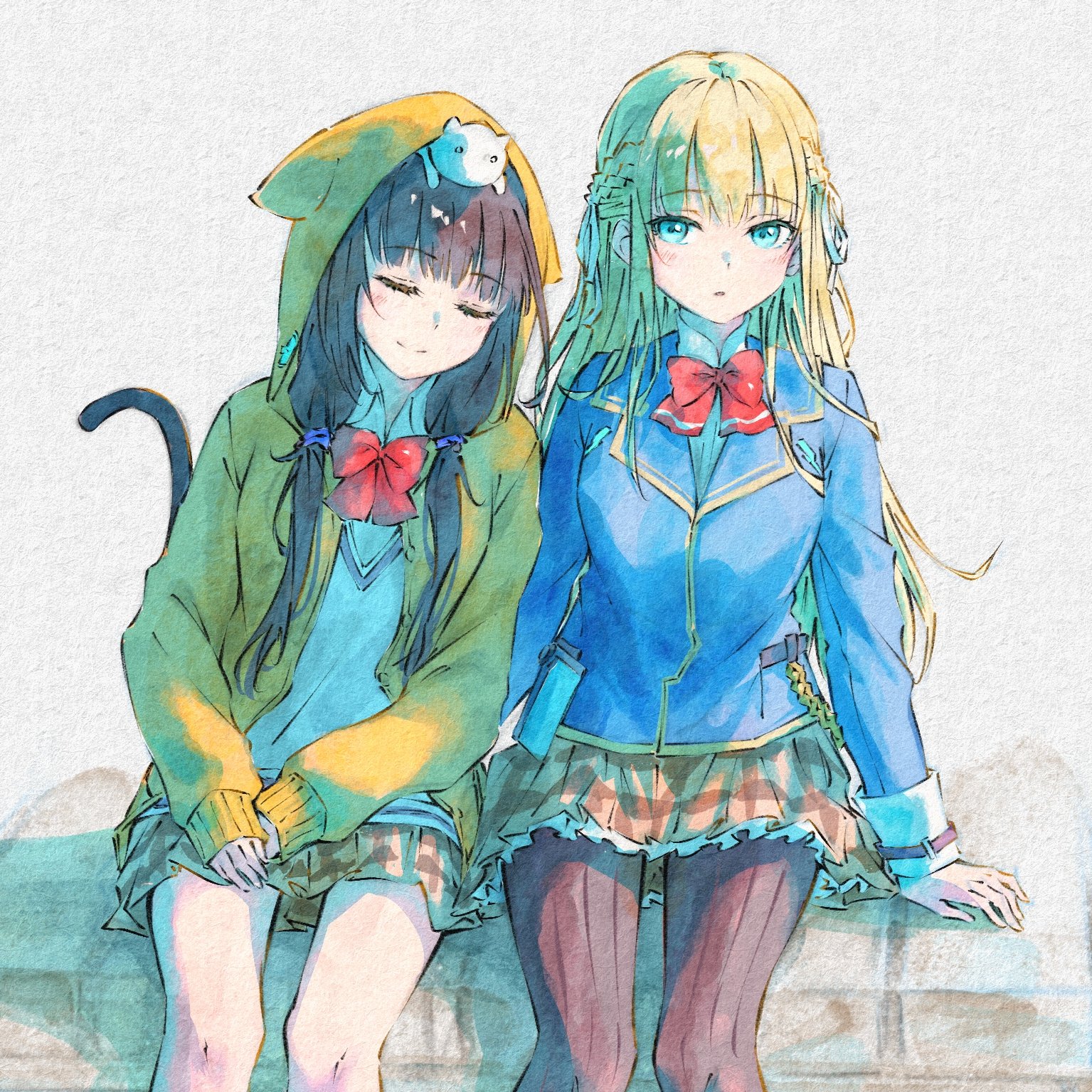 raito taisha, asakura karen (heaven burns red), toujou tsukasa, heaven burns red, commentary, highres, symbol-only commentary, 2girls, animal ears, black boots, black hair, black pantyhose, blazer, blonde hair, blue eyes, blue jacket, boots, bow, bowtie, brown skirt, cat, cat ears, cat tail, different reflection, grey sweater, hood, hooded jacket, jacket, leaning on person, multiple girls, open clothes, open jacket, pantyhose, plaid clothes, plaid skirt, red bow, red bowtie, reflection, school uniform, sitting, skirt, sleeves past wrists, sweater, tail, yellow jacket, yuri