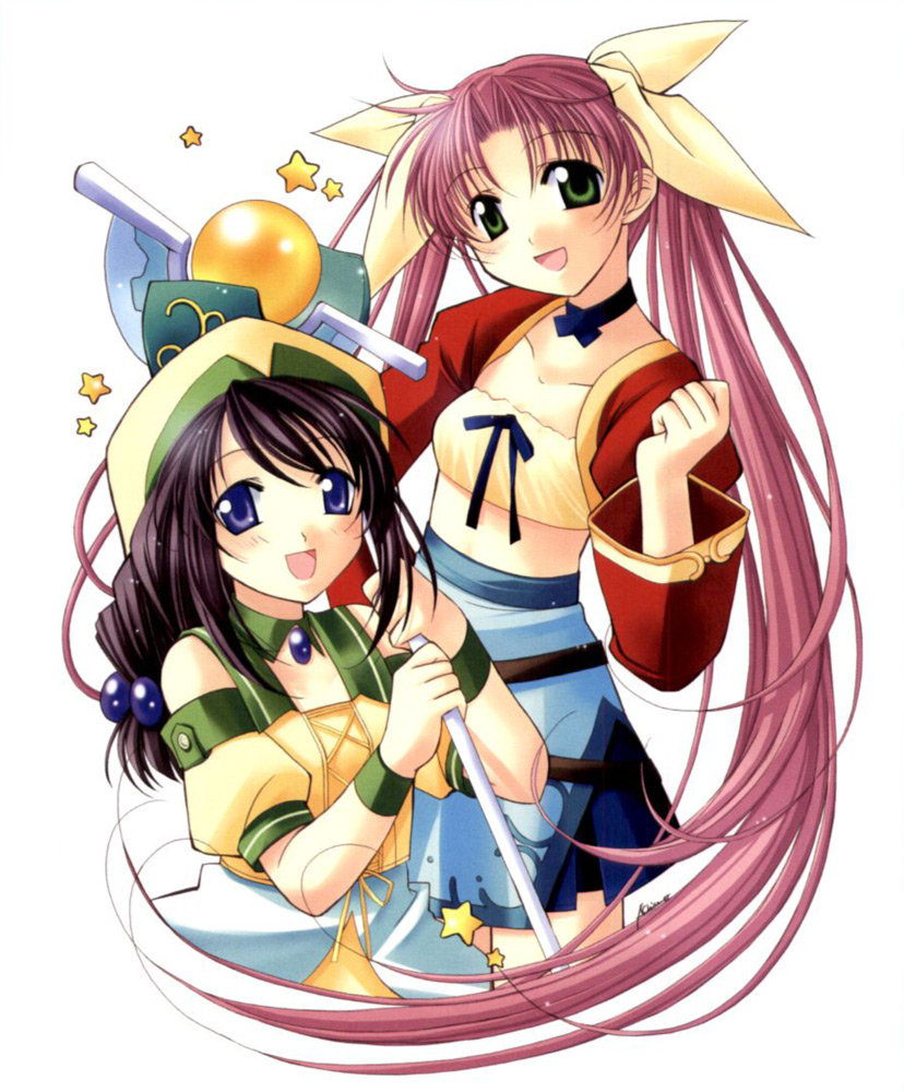 naruse chisato, fia note, saaria wynes, angelic serenade, angelic serenade art collection, tenbatsu angel rabbie, artbook, bow, braid, hair bow, hat, lace, polearm, skirt, star (symbol), twintails, weapon
