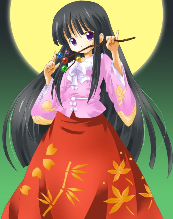 michii yuuki, houraisan kaguya, touhou, 1girl, black hair, female focus, japanese clothes, long hair, moon, outdoors, sky, solo, standing