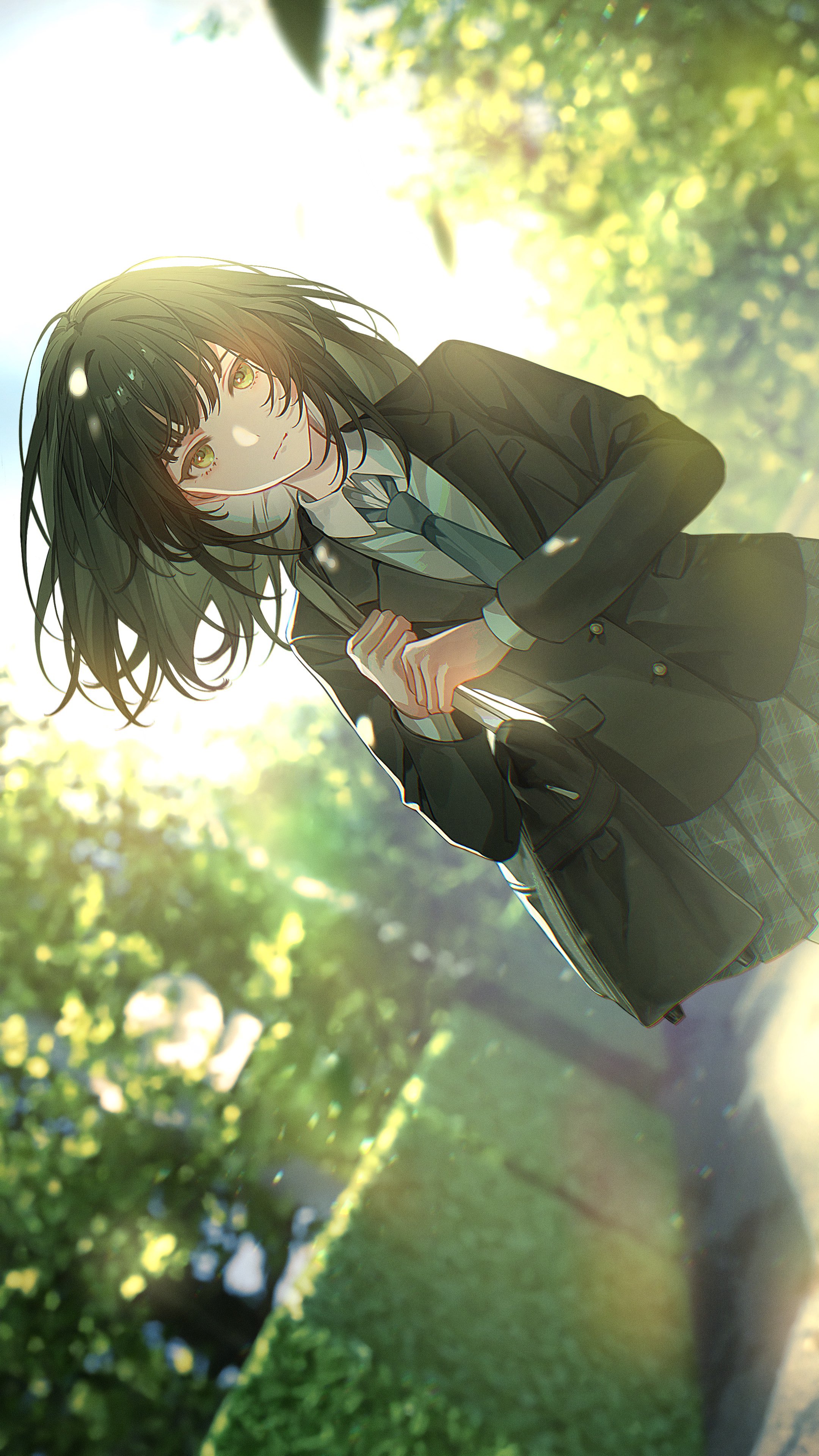mameko (l8 w3), original, absurdres, highres, 1girl, bag, black hair, black jacket, blazer, blue necktie, blue skirt, breasts, bush, closed mouth, collared shirt, green eyes, jacket, leaf, long sleeves, looking at viewer, medium hair, necktie, outdoors, school bag, school uniform, shirt, shoulder bag, skirt, solo, sunlight, tree, white shirt
