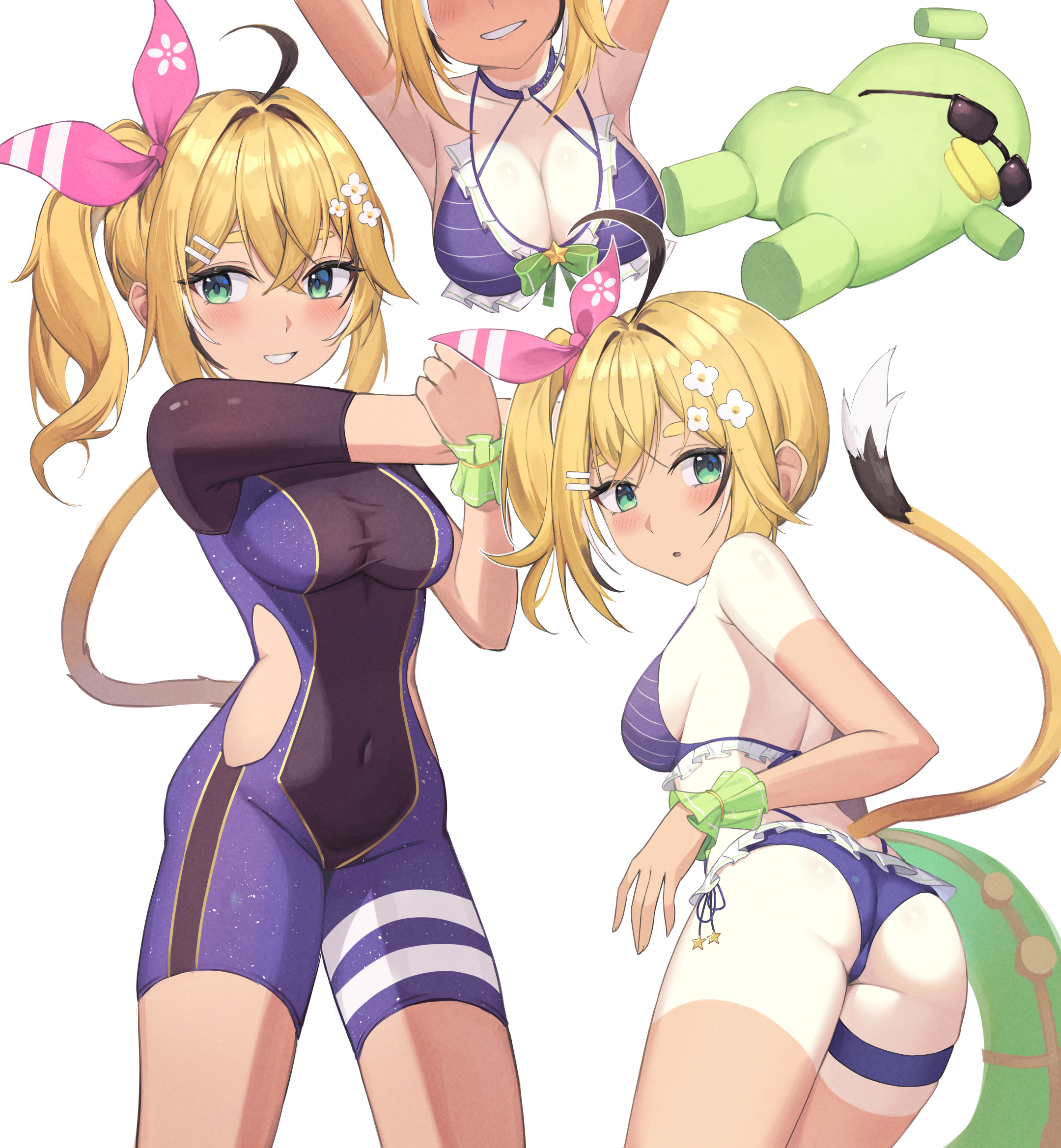 rooby n, dooby (vtuber), kippu (dooby), indie virtual youtuber, highres, 1girl, ahoge, armpits, ass, bikini, black hair, blonde hair, breasts, cleavage, covered navel, grin, hair between eyes, hair ornament, hair ribbon, hairclip, innertube, large breasts, medium hair, mouse tail, multicolored hair, multiple views, ribbon, short eyebrows, side ponytail, simple background, smile, swim ring, swimsuit, tail, tan, tanline, thick eyebrows, virtual youtuber, white background