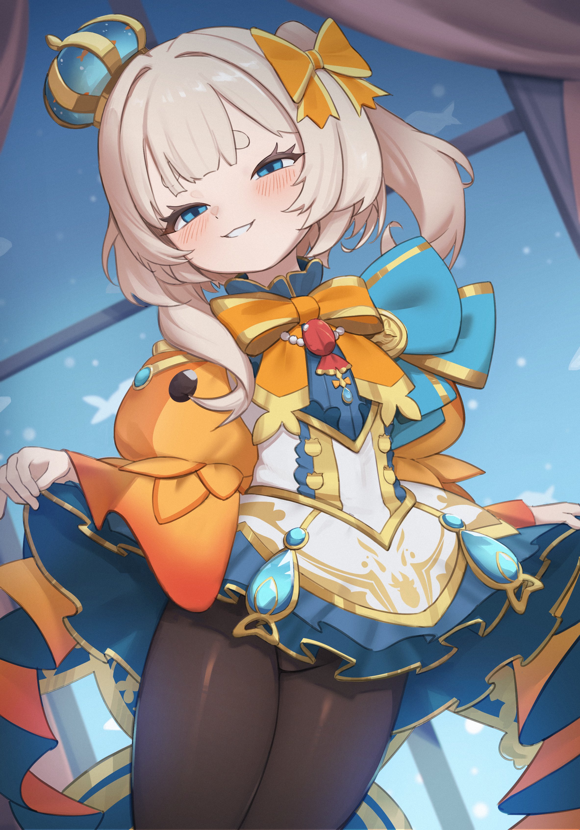 chachironi3, marimari (vtuber), marimari (vtuber) (marimari 2.0), phase connect, absurdres, highres, 1girl, blue dress, blue eyes, blush, bow, bowtie, clothes lift, crown, dress, dress lift, fish, grey hair, hair bow, lifting own clothes, long sleeves, mini crown, orange bow, orange bowtie, pantyhose, side ponytail, smile, solo, virtual youtuber, window