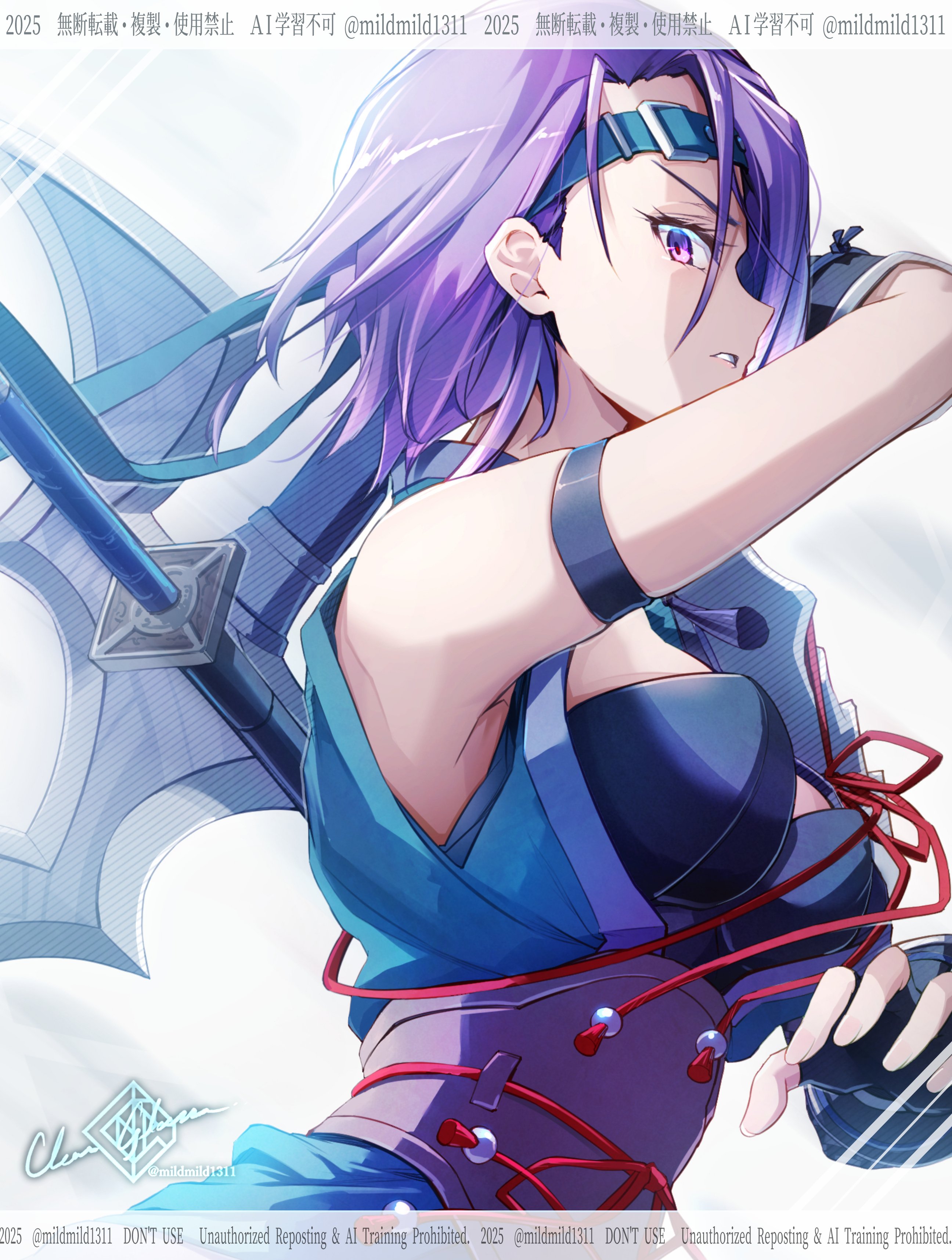 clear glass (mildmild1311), shamir nevrand, shamir nevrand (ninja), fire emblem, fire emblem: three houses, fire emblem heroes, nintendo, absurdres, highres, 1girl, armband, black armband, black gloves, bodice, breasts, fingerless gloves, gloves, headband, holding, holding weapon, japanese clothes, looking at viewer, medium breasts, ninja, official alternate costume, parted lips, purple eyes, purple hair, short hair, solo, sword, teeth, upper body, weapon