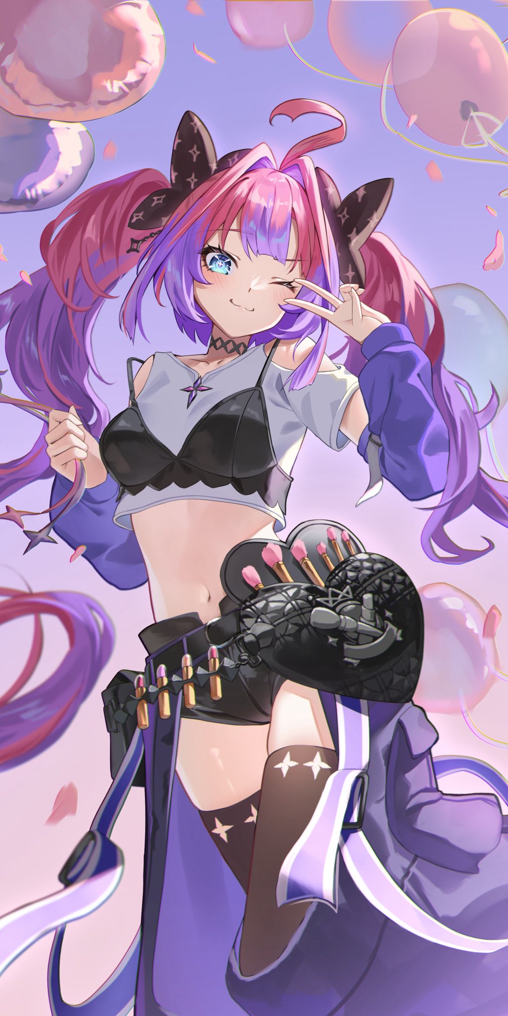 pendora1022, kikirara vivi, hololive, hololive dev is, commentary request, highres, 1girl, ;3, ahoge, balloon, black bow, black bra, black thighhighs, blue eyes, bow, bra, bra over clothes, cargo pants, center-flap bangs, clothing cutout, cropped shirt, hair bow, hair intakes, holding, holding balloon, long hair, looking at viewer, makeup brush, midriff, multicolored hair, navel, one eye closed, outdoors, pants, pink hair, purple arm warmers, purple hair, shirt, shoulder cutout, solo, streaked hair, thigh cutout, thighhighs, twintails, underwear, v, very long hair, virtual youtuber, white shirt