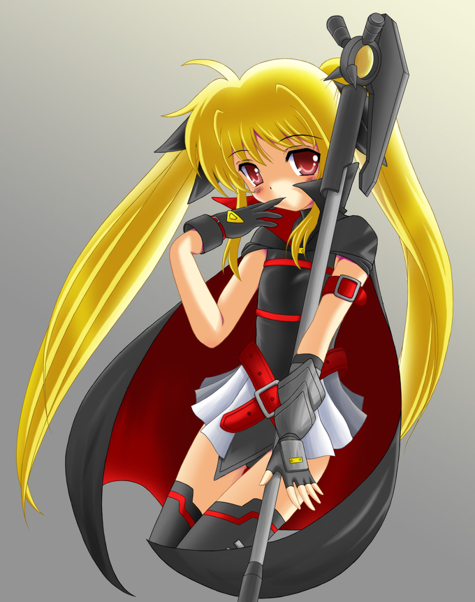 flipper, bardiche (assault form) (nanoha), bardiche (nanoha), fate testarossa, fate testarossa (lightning form), lyrical nanoha, mahou shoujo lyrical nanoha, 00s, 1girl, blonde hair, female focus, long hair, solo, thighhighs, twintails, very long hair