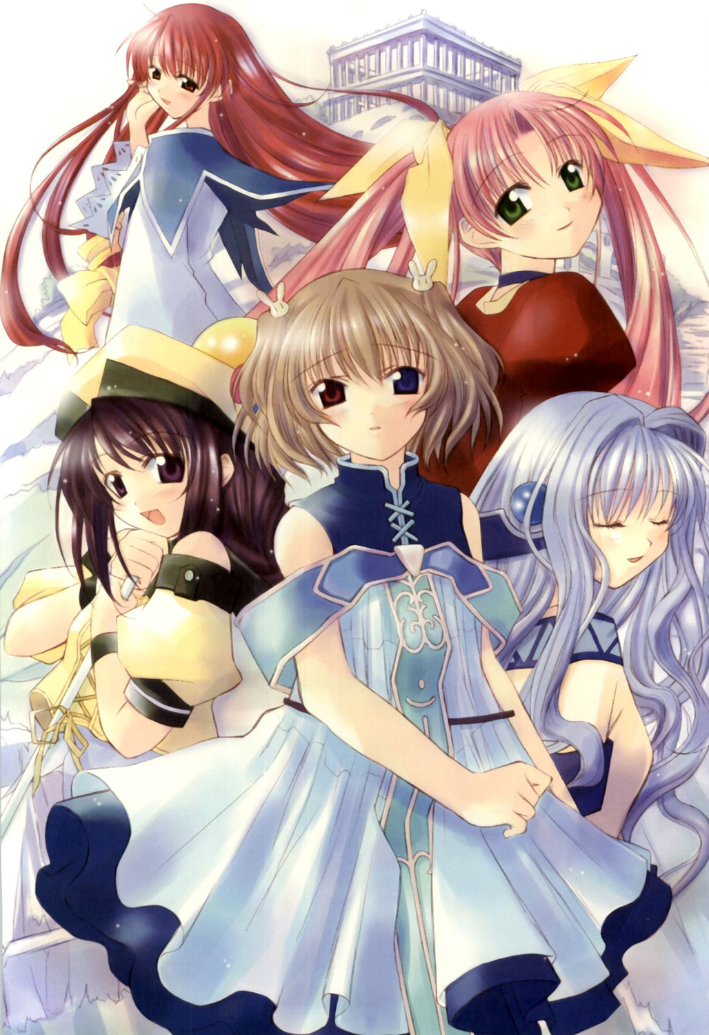 kogado, naruse chisato, arte sema, fia note, lasty farson, saaria wynes, stephanie ranclay, angelic serenade, angelic serenade art collection, tenbatsu angel rabbie, artbook, highres, 5girls, bow, closed eyes, hair bow, hair ornament, hat, heterochromia, lace, multiple girls, polearm, rabbit hair ornament, trapeze dress, twintails, weapon