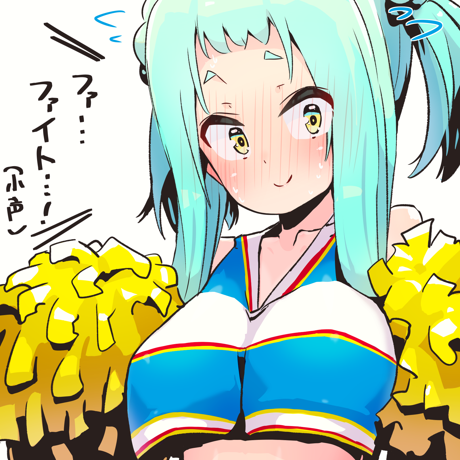 smaragdus viridi, kosanae sasaho, original, highres, breasts, cheerleader, green hair, large breasts, long sideburns, oppai loli, raised inner eyebrows, short bangs, sideburns, tsurime, yellow eyes