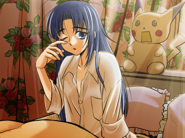 sentape, asakura ryoko, pikachu, nintendo, pokemon, suzumiya haruhi no yuuutsu, 00s, 1girl, bed, blue eyes, blue hair, cameo, female focus, frilled pillow, frills, gen 1 pokemon, long hair, matching hair/eyes, one eye closed, pillow, pokemon (creature), shirt, sleepy, sleeves rolled up, solo, stuffed animal, stuffed toy, wink