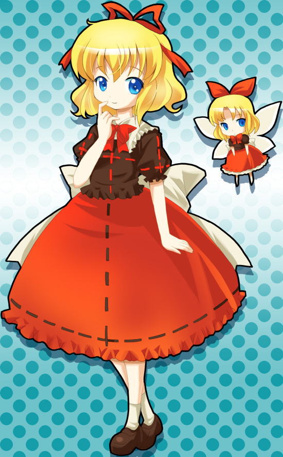 michii yuuki, medicine melancholy, su-san, touhou, jpeg artifacts, 1girl, blonde hair, blue eyes, bow, bowtie, brown ribbon, brown shirt, brown shoes, chibi, closed eyes, collar, doll, dress, fairy wings, female focus, finger to mouth, frilled shirt collar, frills, full body, gradient background, hair ribbon, polka dot, polka dot background, puffy short sleeves, puffy sleeves, red bow, red bowtie, red ribbon, red skirt, ribbon, ribbon-trimmed clothes, ribbon-trimmed shirt, ribbon-trimmed skirt, ribbon trim, sash, shirt, shoes, short hair, short sleeves, skirt, socks, solo, white bow, white collar, wings